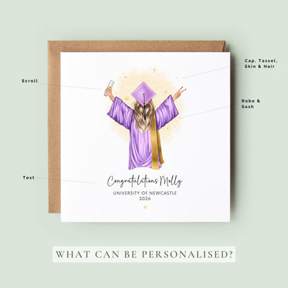 Personalised graduation card for her featuring a custom illustration of a female graduate from behind, wearing a black cap and gown, holding a diploma. Text reads "She believed she could so she did". Unique handmade university graduation keepsake gift.