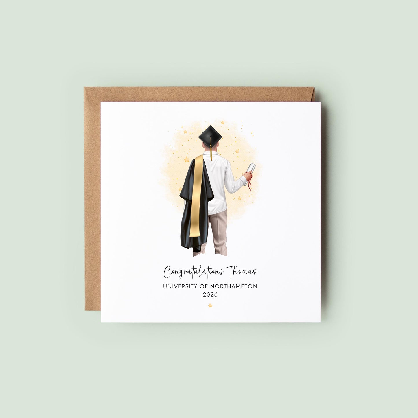 Personalised graduation card featuring a custom male graduate illustration with personalised hair, clothing, robe and sash colours, holding a diploma with university details and graduation year.