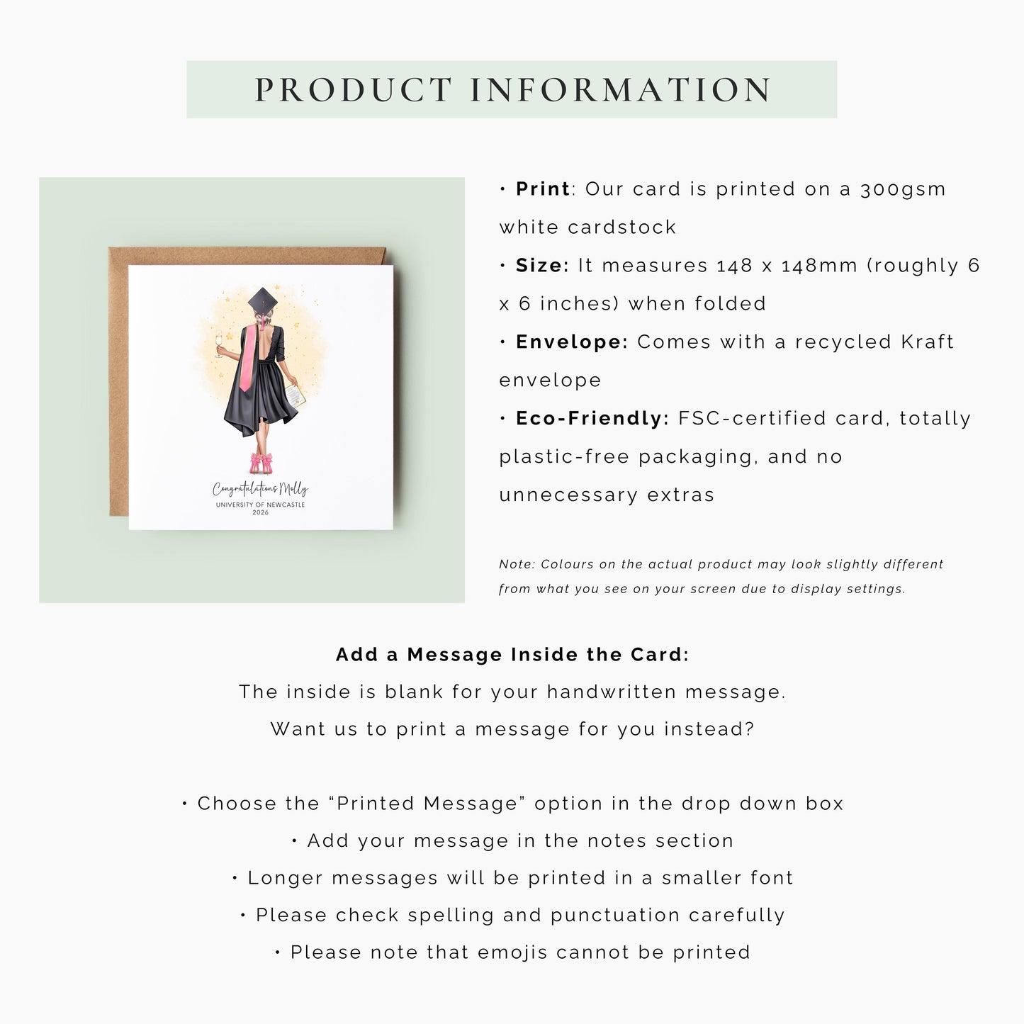 Personalised graduation card featuring a custom female graduate illustration with personalised outfit, hair, university name and graduation year.