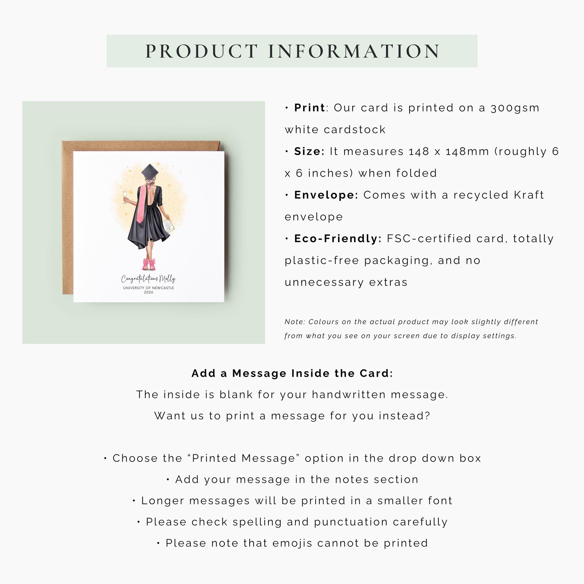 Personalised graduation card featuring a custom female graduate illustration with personalised outfit, hair, university name and graduation year.