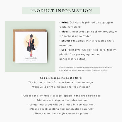 Personalised graduation card featuring a custom female graduate illustration with personalised outfit, hair, university name and graduation year.