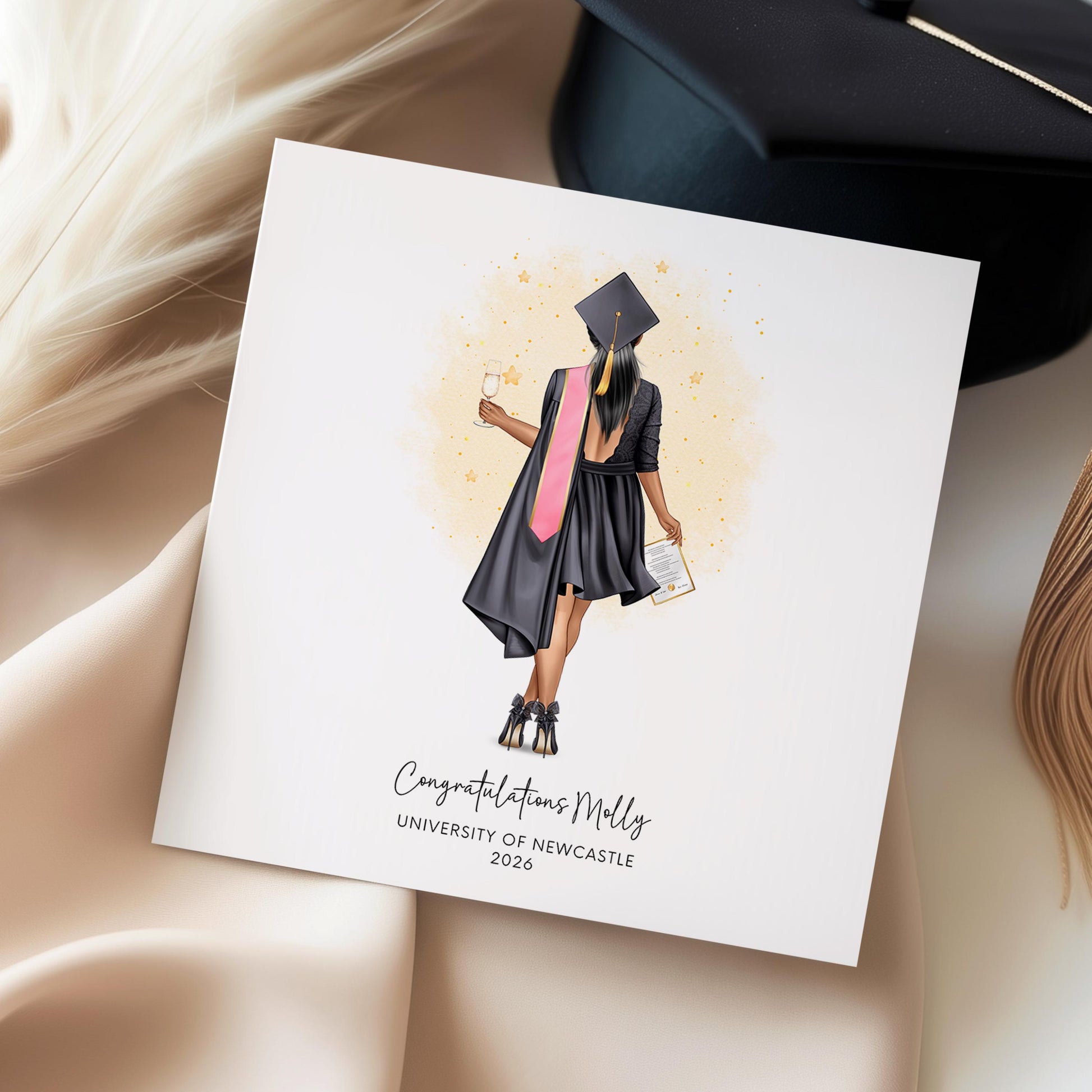 Personalised female graduation card with gown, cap, and diploma