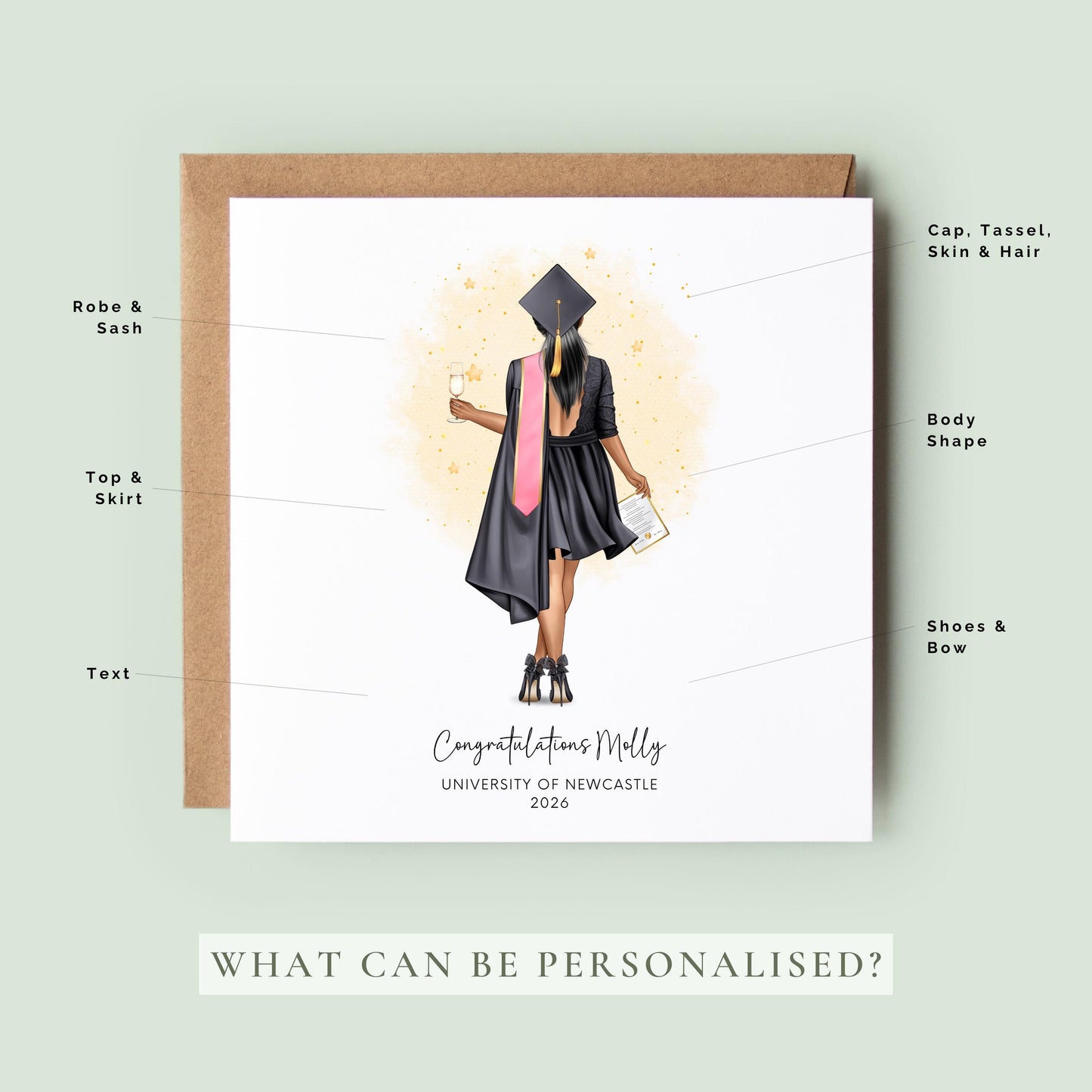 Personalised female graduation card with gown, cap, and diploma