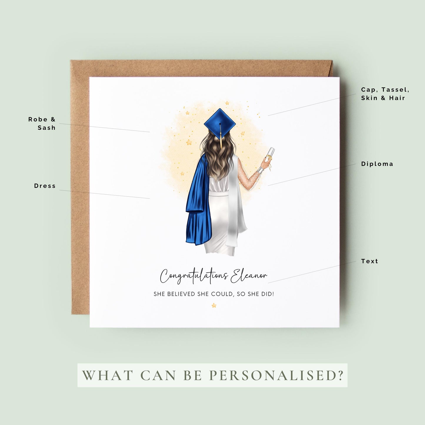 Personalised graduation card featuring a female graduate wearing a blue cap and gown, customised with name and the message “She Believed She Could, So She Did”.