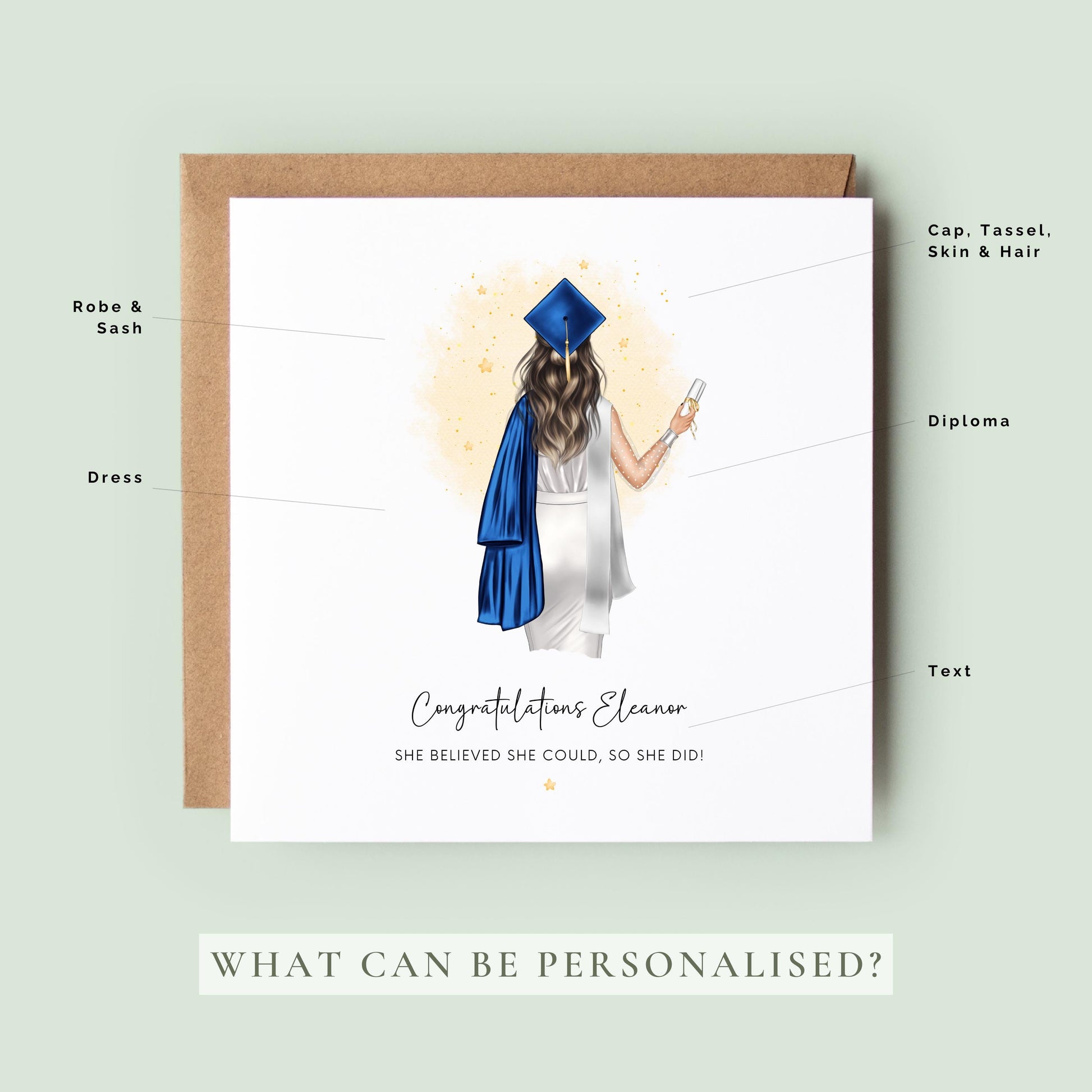 Personalised graduation card featuring a female graduate wearing a blue cap and gown, customised with name and the message “She Believed She Could, So She Did”.