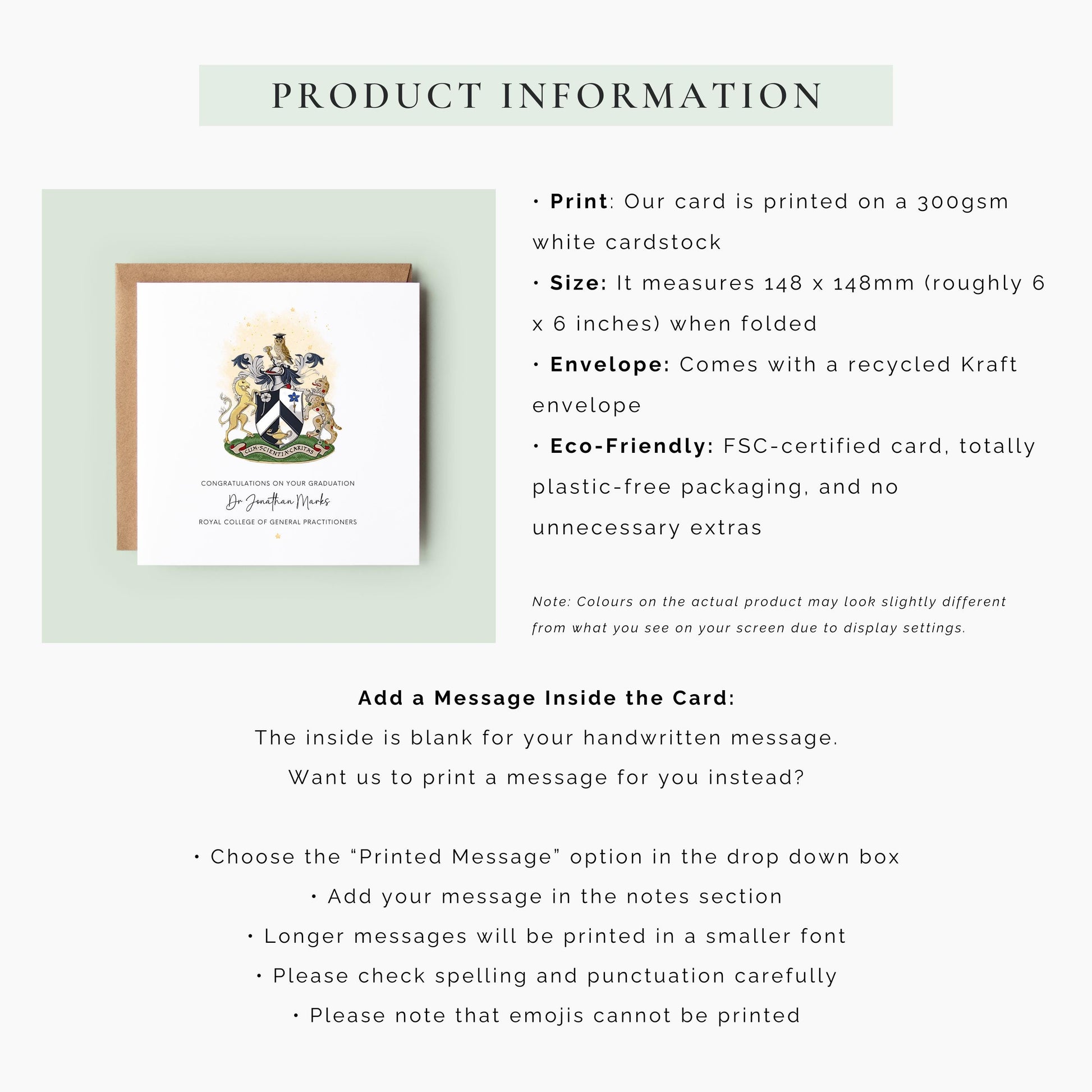 Personalised Royal College of General Practitioners graduation card featuring the RCGP crest with custom graduate name and congratulations message.