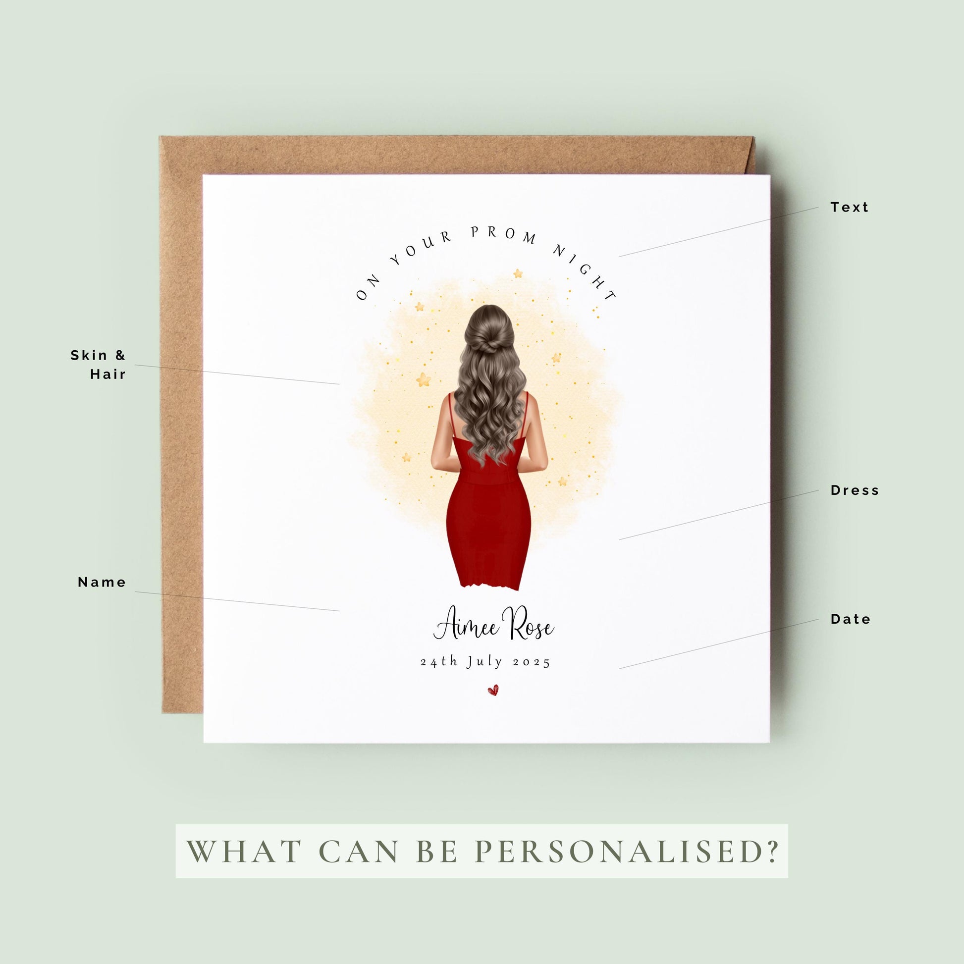 Personalised prom keepsake card featuring a girl in a red prom dress with custom name and prom date.