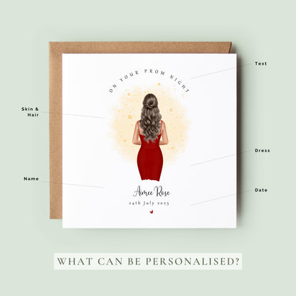 Personalised prom keepsake card featuring a girl in a red prom dress with custom name and prom date.