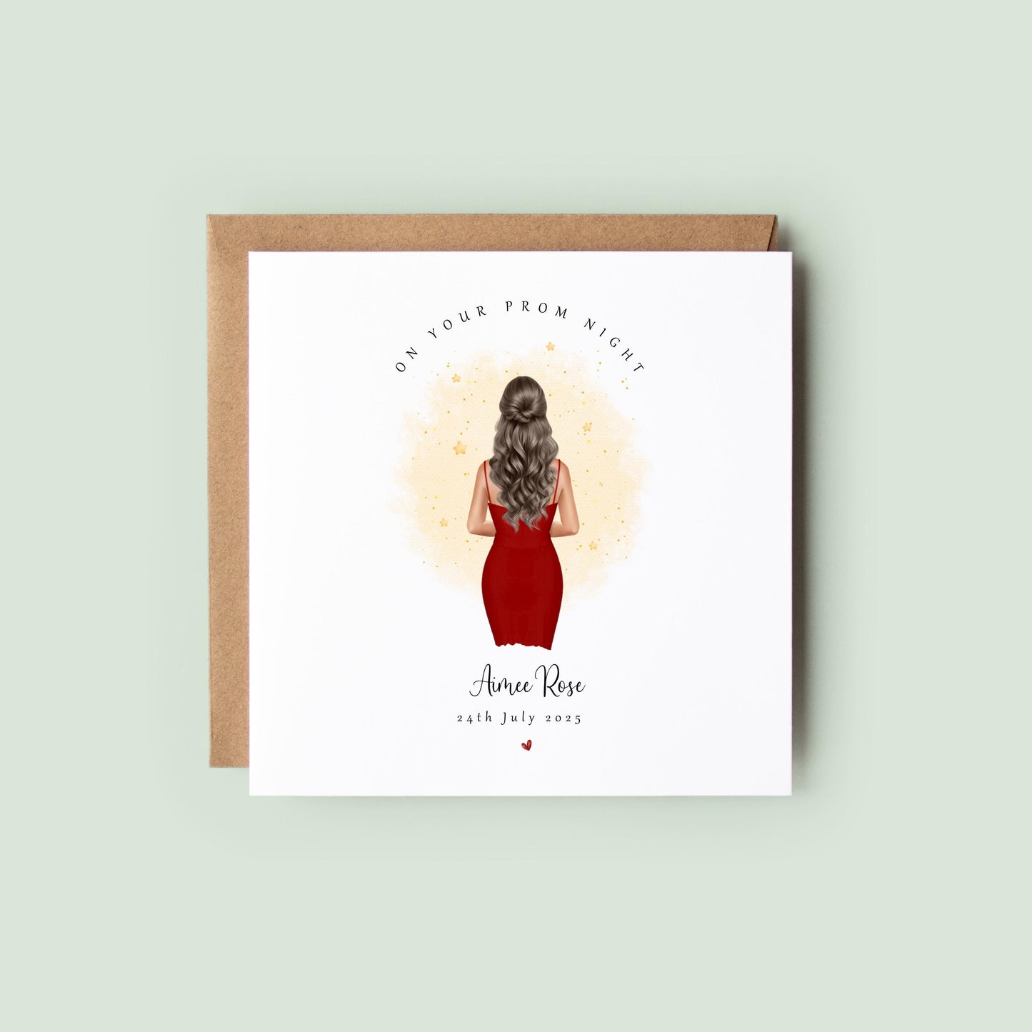 Personalised prom keepsake card featuring a girl in a red prom dress with custom name and prom date.