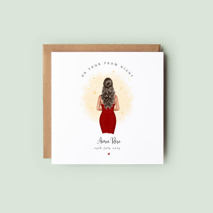 Personalised prom keepsake card featuring a girl in a red prom dress with custom name and prom date.