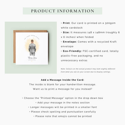Personalised prom card featuring a male figure in a silver suit with custom name and prom date.