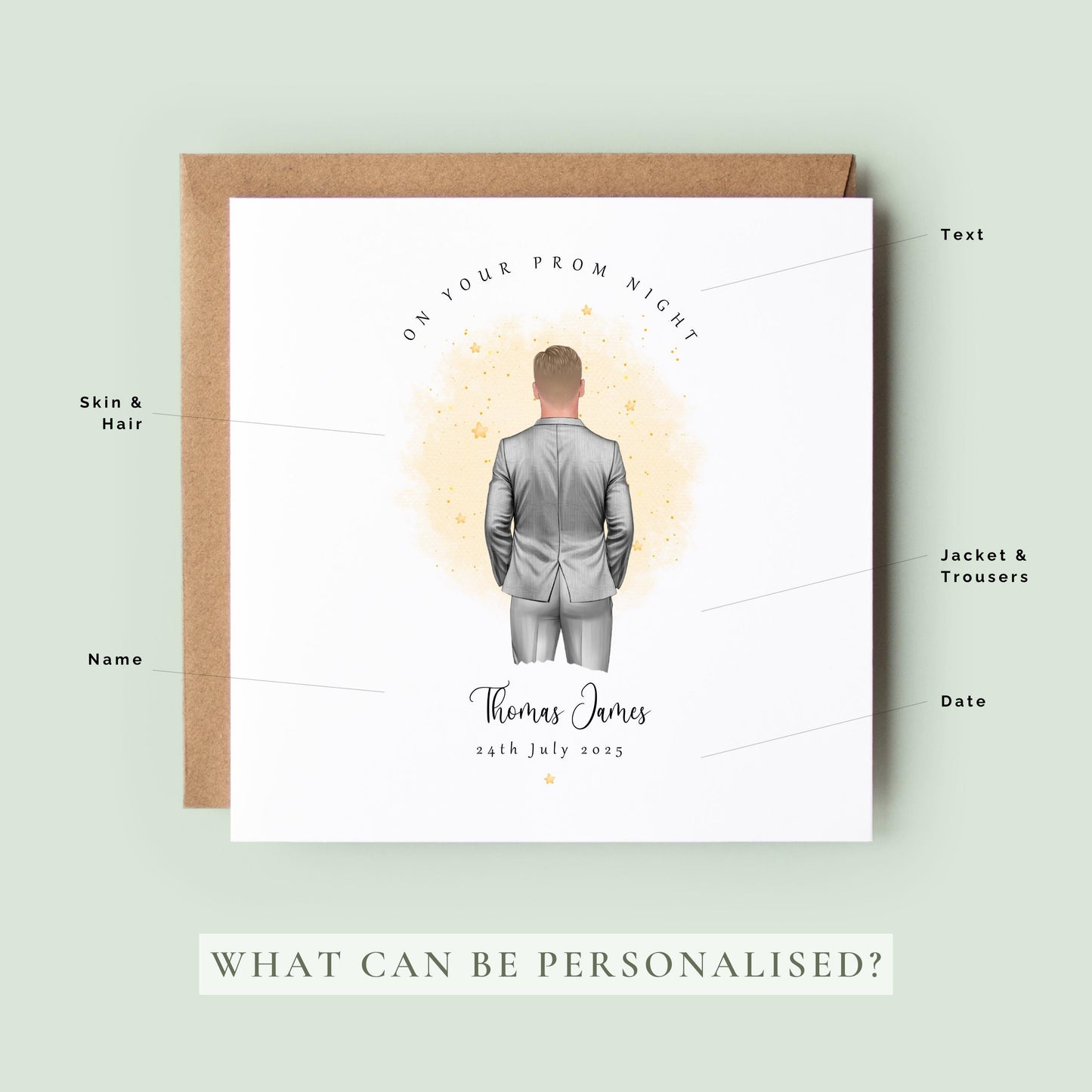 Personalised prom card featuring a male figure in a silver suit with custom name and prom date.
