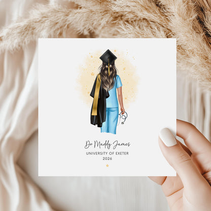 Personalised nurse graduation card featuring a female nursing graduate wearing blue scrubs, academic cap and gown and holding a stethoscope, with custom name, university and year.