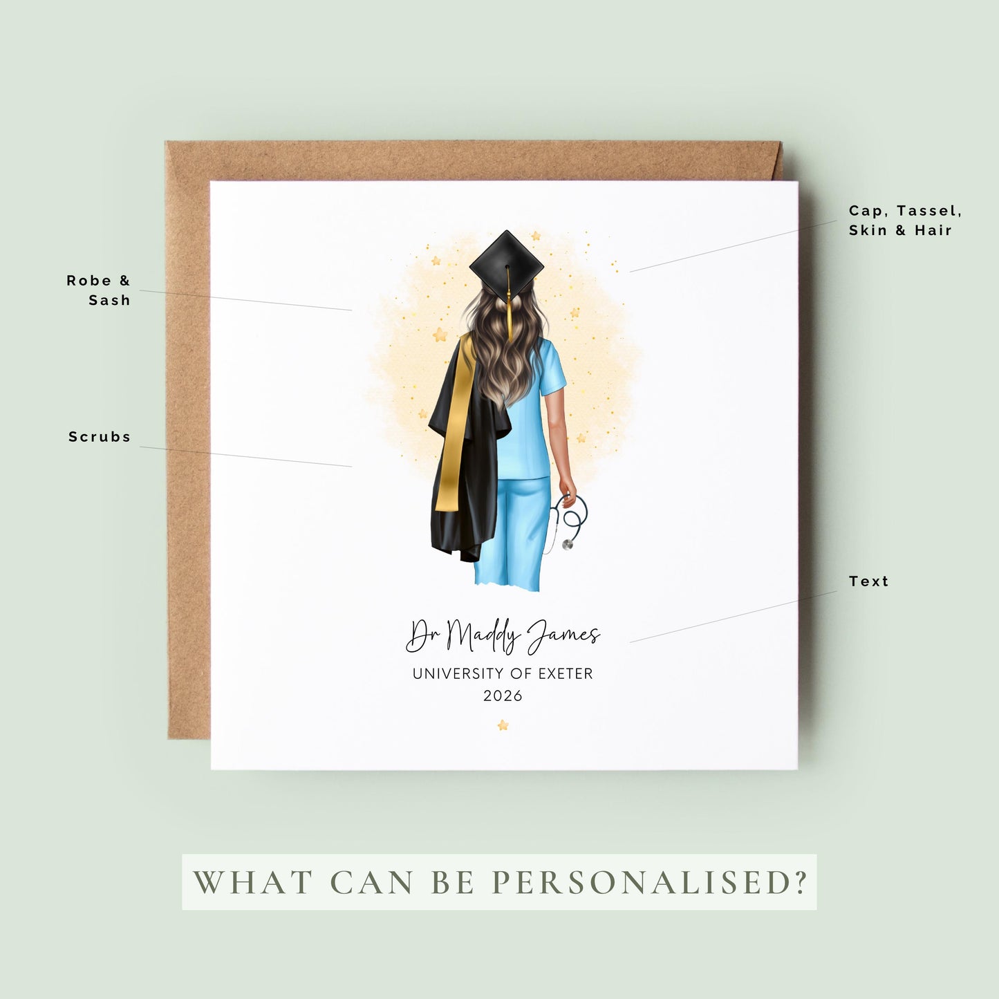 Personalised nurse graduation card featuring a female nursing graduate wearing blue scrubs, academic cap and gown and holding a stethoscope, with custom name, university and year.