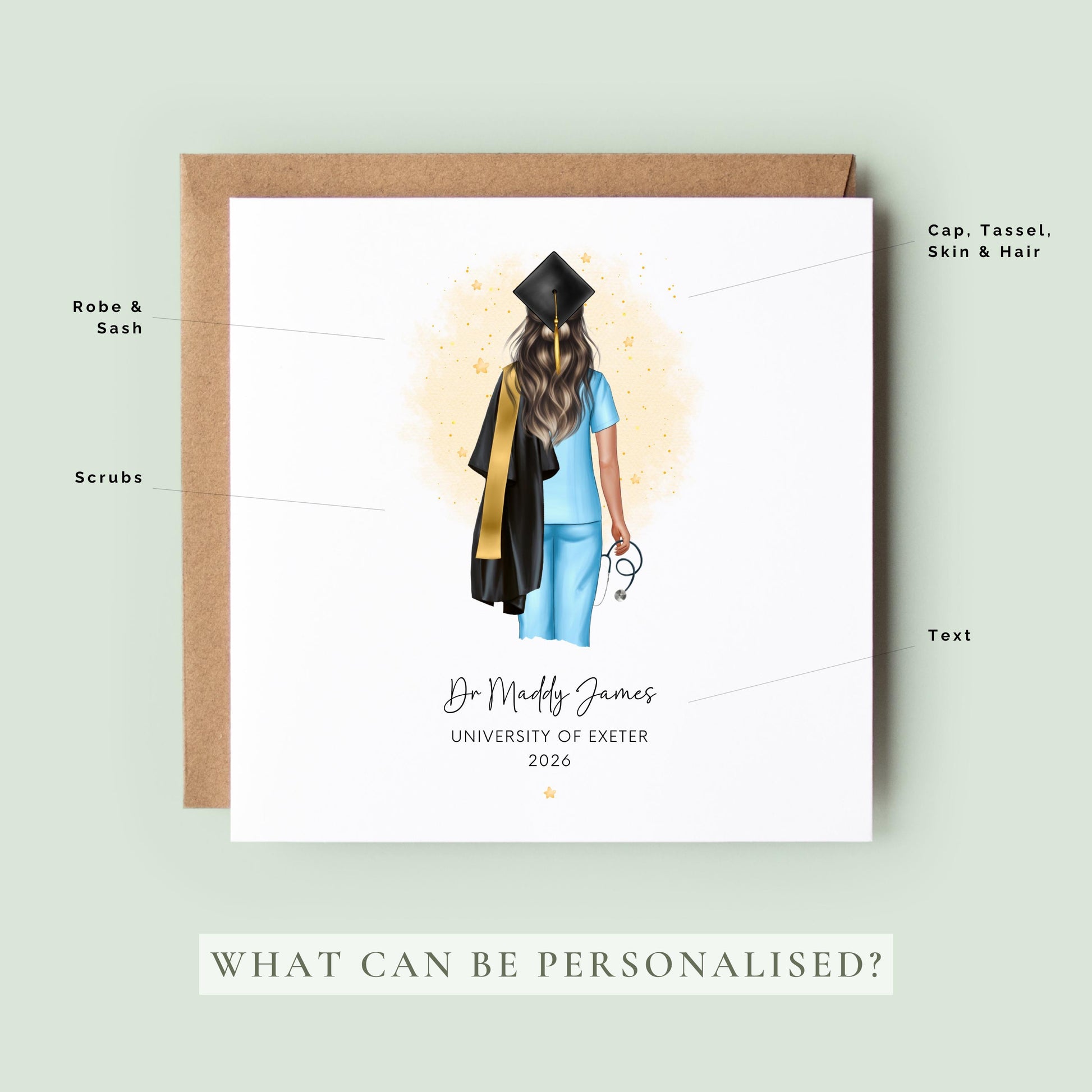 Personalised nurse graduation card featuring a female nursing graduate wearing blue scrubs, academic cap and gown and holding a stethoscope, with custom name, university and year.
