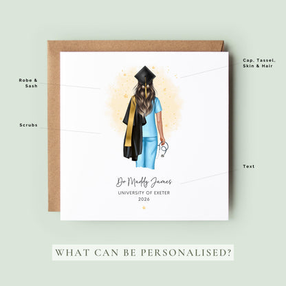 Personalised nurse graduation card featuring a female nursing graduate wearing blue scrubs, academic cap and gown and holding a stethoscope, with custom name, university and year.