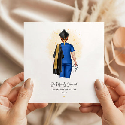 Personalised nurse graduation card featuring a female nursing graduate wearing blue scrubs, academic cap and gown and holding a stethoscope, with custom name, university and year.