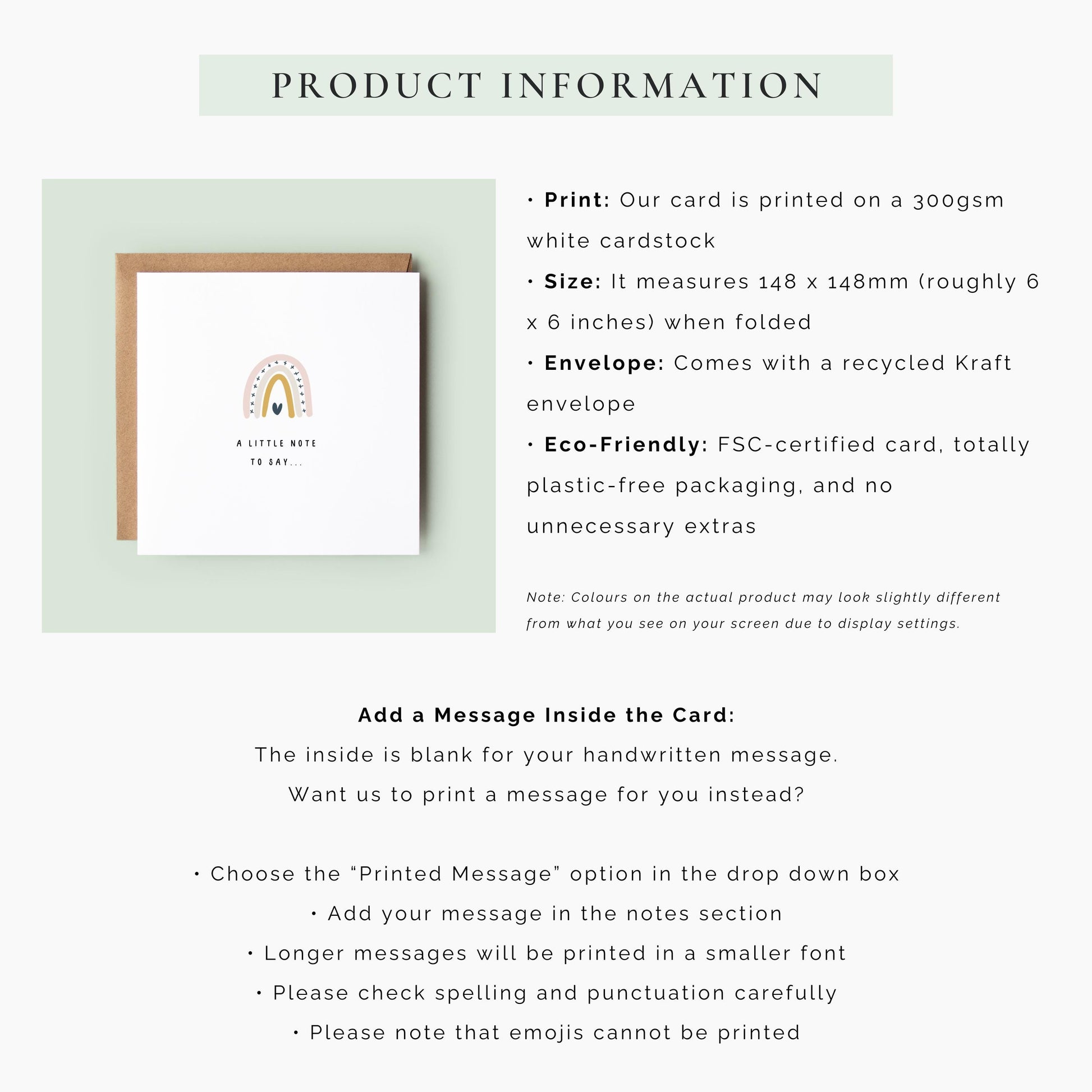 Minimalist graduation greeting card featuring a soft neutral rainbow with a small heart and the words A Little Note to Say, perfect for writing a congratulations message to a graduate.