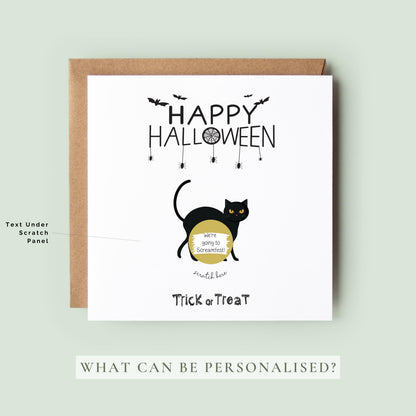 Halloween scratch-off greeting card featuring a black cat and a personalised scratch-to-reveal surprise message.