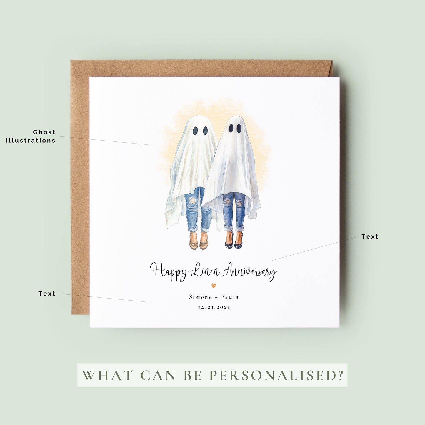 Personalised lesbian linen anniversary card featuring a watercolour ghost couple with custom names and anniversary date.