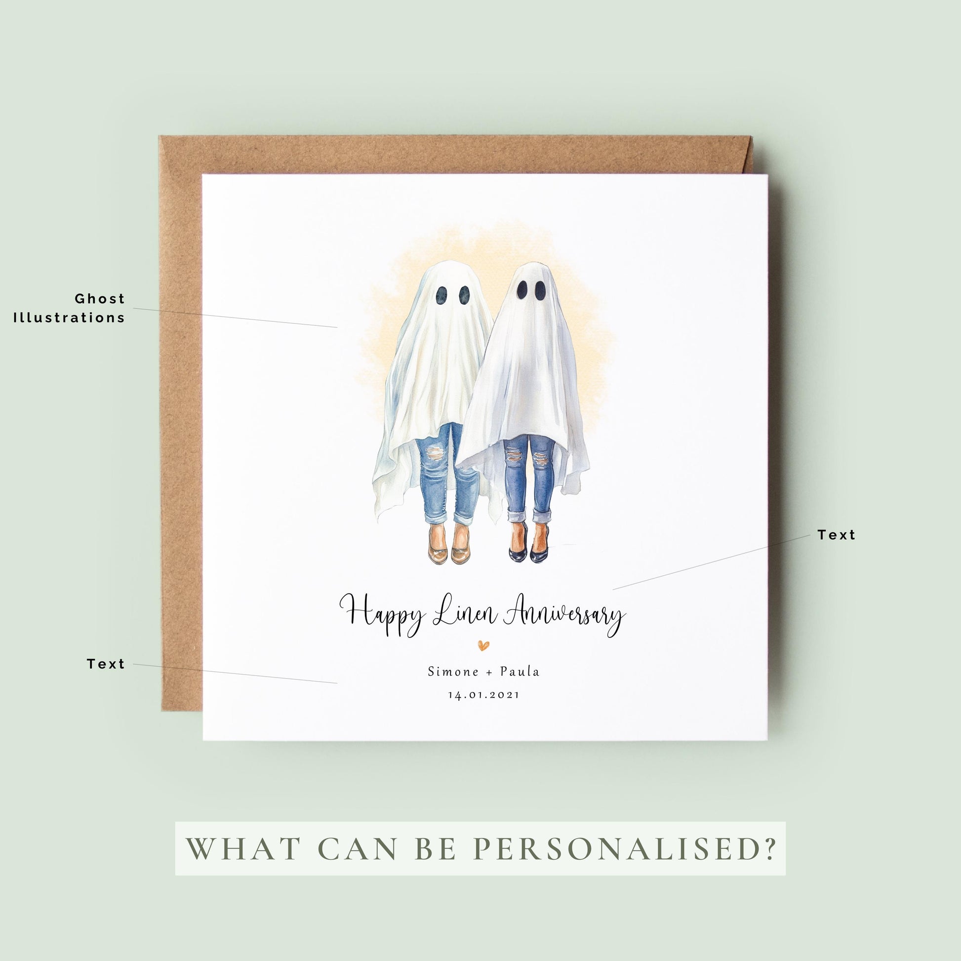 Personalised lesbian linen anniversary card featuring a watercolour ghost couple with custom names and anniversary date.