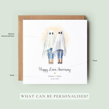 Personalised lesbian linen anniversary card featuring a watercolour ghost couple with custom names and anniversary date.