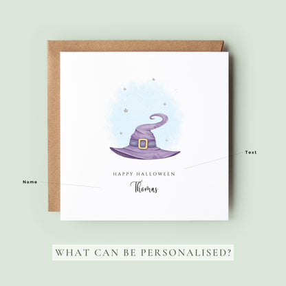 Personalised Halloween greeting card featuring a purple watercolour witch's hat with a custom name underneath and the words "Happy Halloween" on a white card.