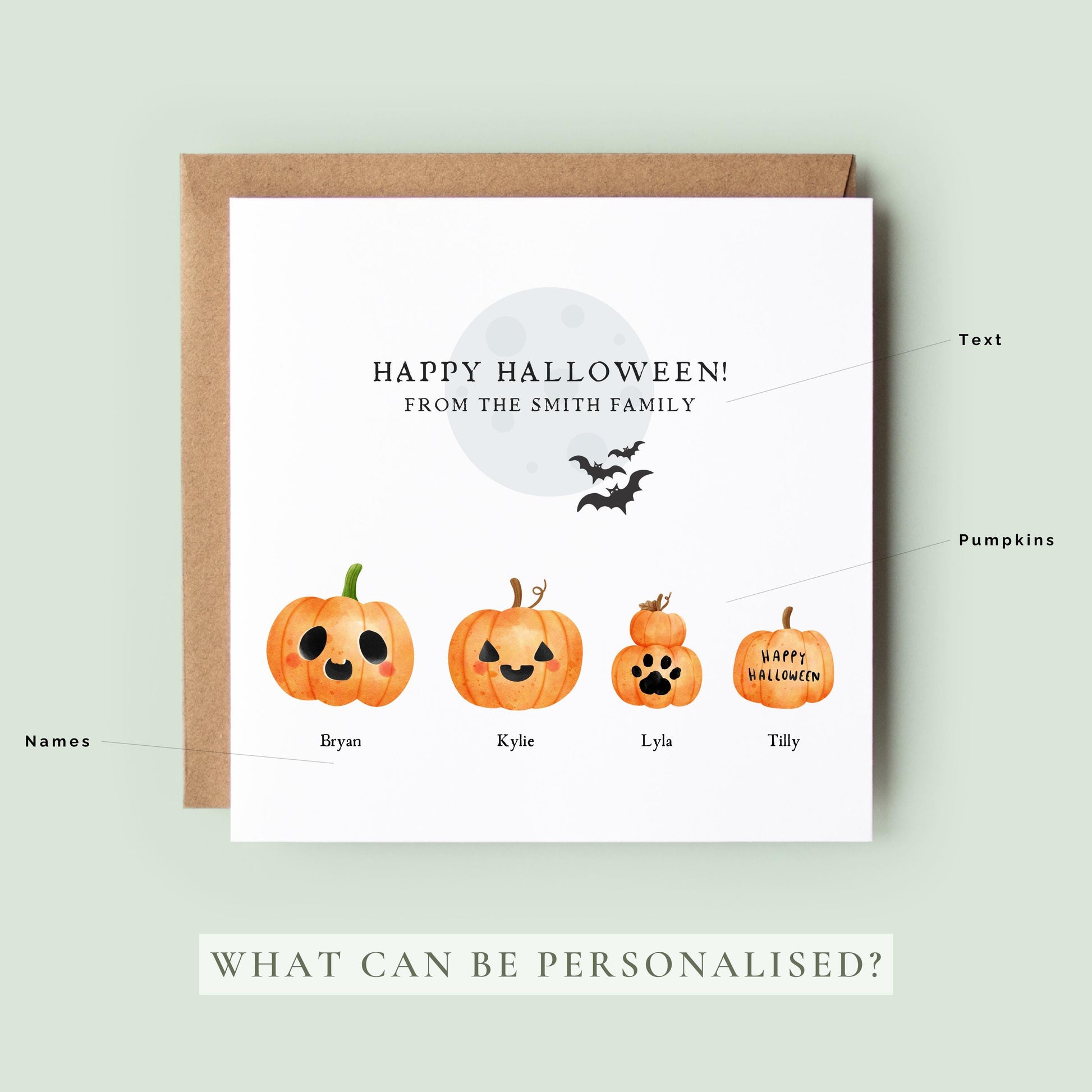 Personalised Halloween family greeting card featuring customisable watercolour pumpkin characters with names underneath and "Happy Halloween from the Smith Family" at the top.