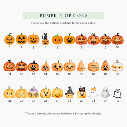 Personalised Halloween family greeting card featuring customisable watercolour pumpkin characters with names underneath and "Happy Halloween from the Smith Family" at the top.
