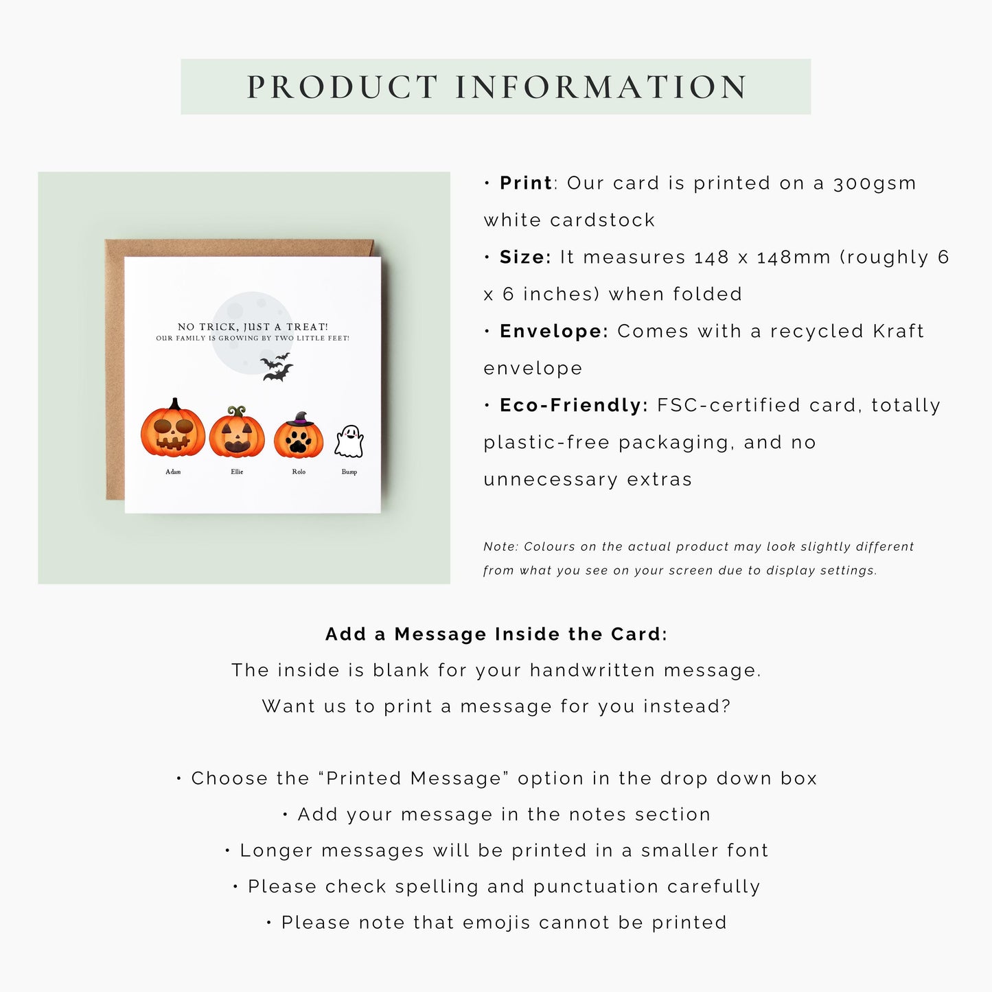 Personalised Halloween pregnancy announcement card featuring a pumpkin family with names and a ghost baby, and the message “Our family is growing by two little feet.”