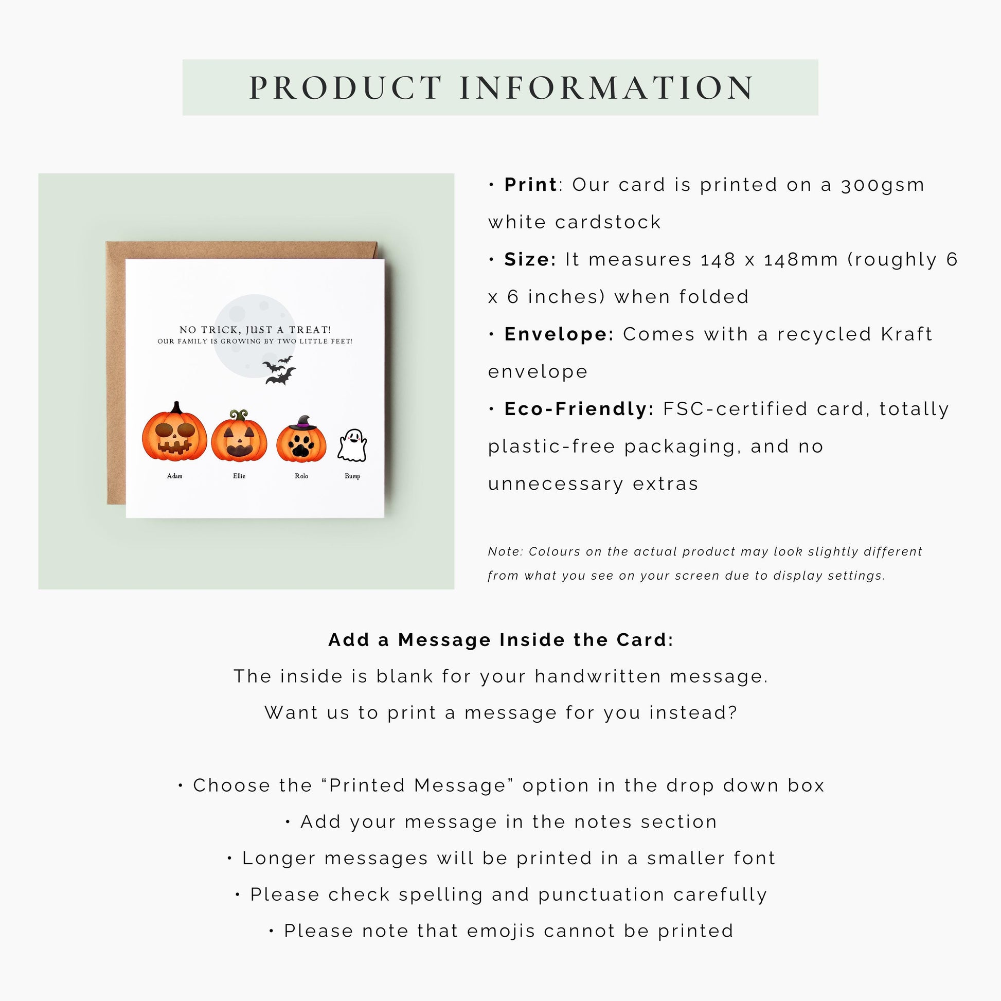 Personalised Halloween pregnancy announcement card featuring a pumpkin family with names and a ghost baby, and the message “Our family is growing by two little feet.”