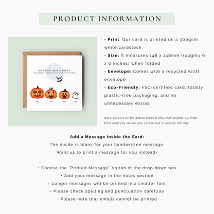 Personalised Halloween pregnancy announcement card featuring a pumpkin family with names and a ghost baby, and the message “Our family is growing by two little feet.”