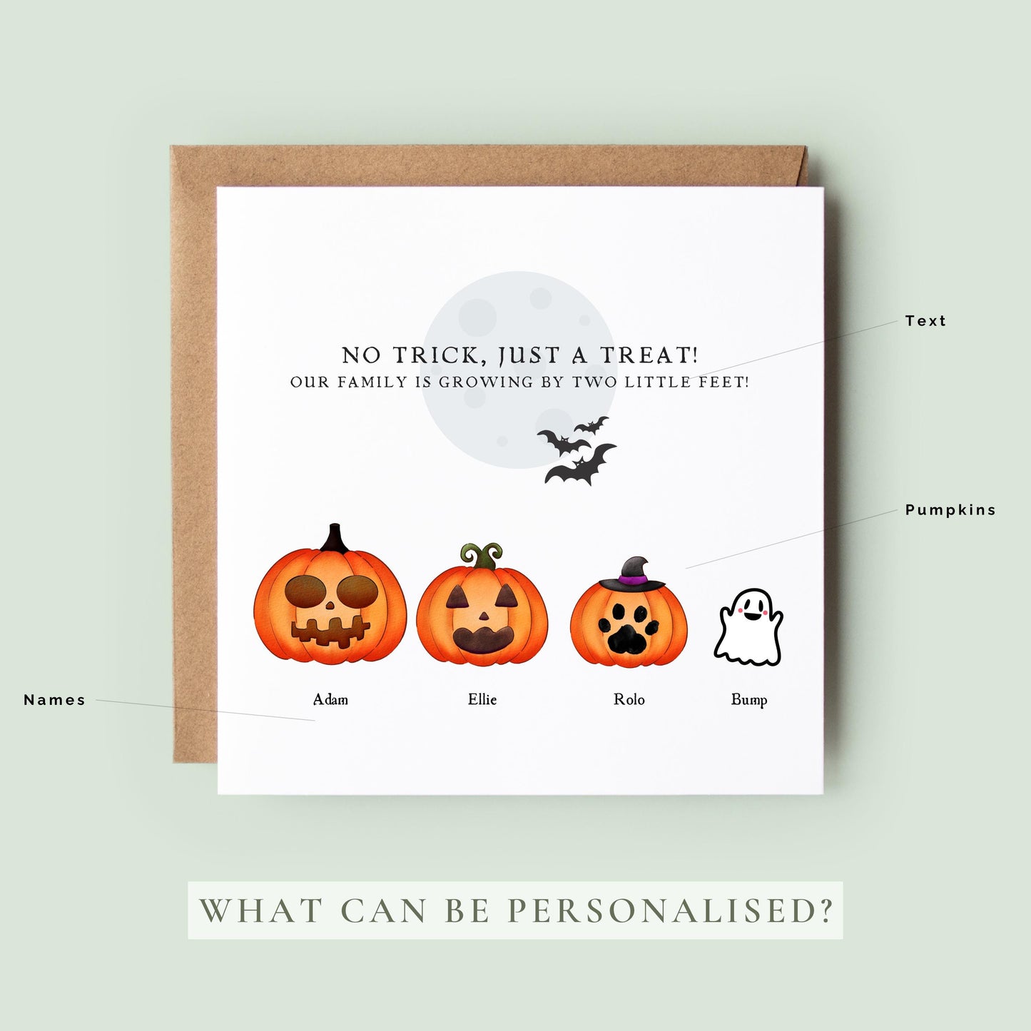 Personalised Halloween pregnancy announcement card featuring a pumpkin family with names and a ghost baby, and the message “Our family is growing by two little feet.”