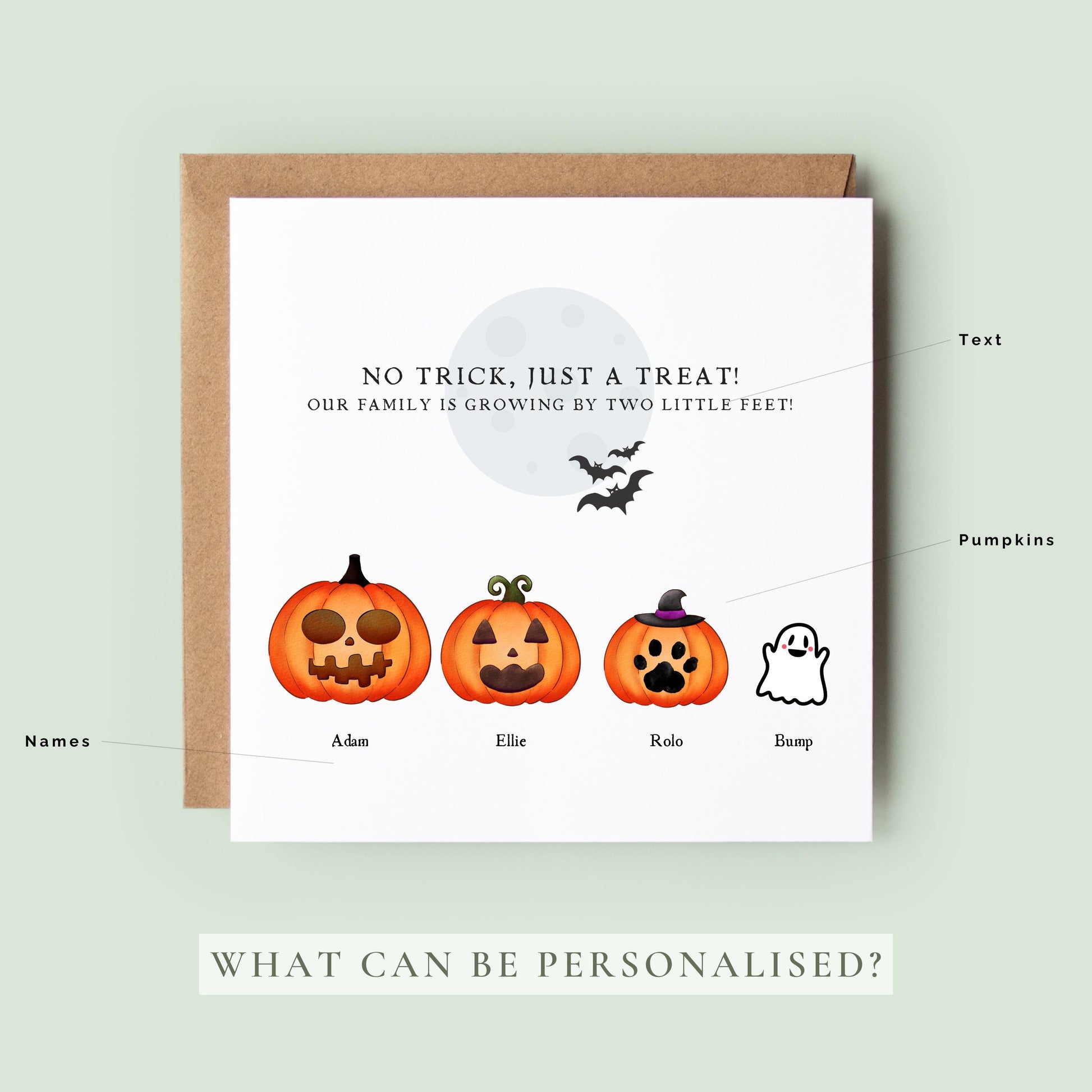Personalised Halloween pregnancy announcement card featuring a pumpkin family with names and a ghost baby, and the message “Our family is growing by two little feet.”