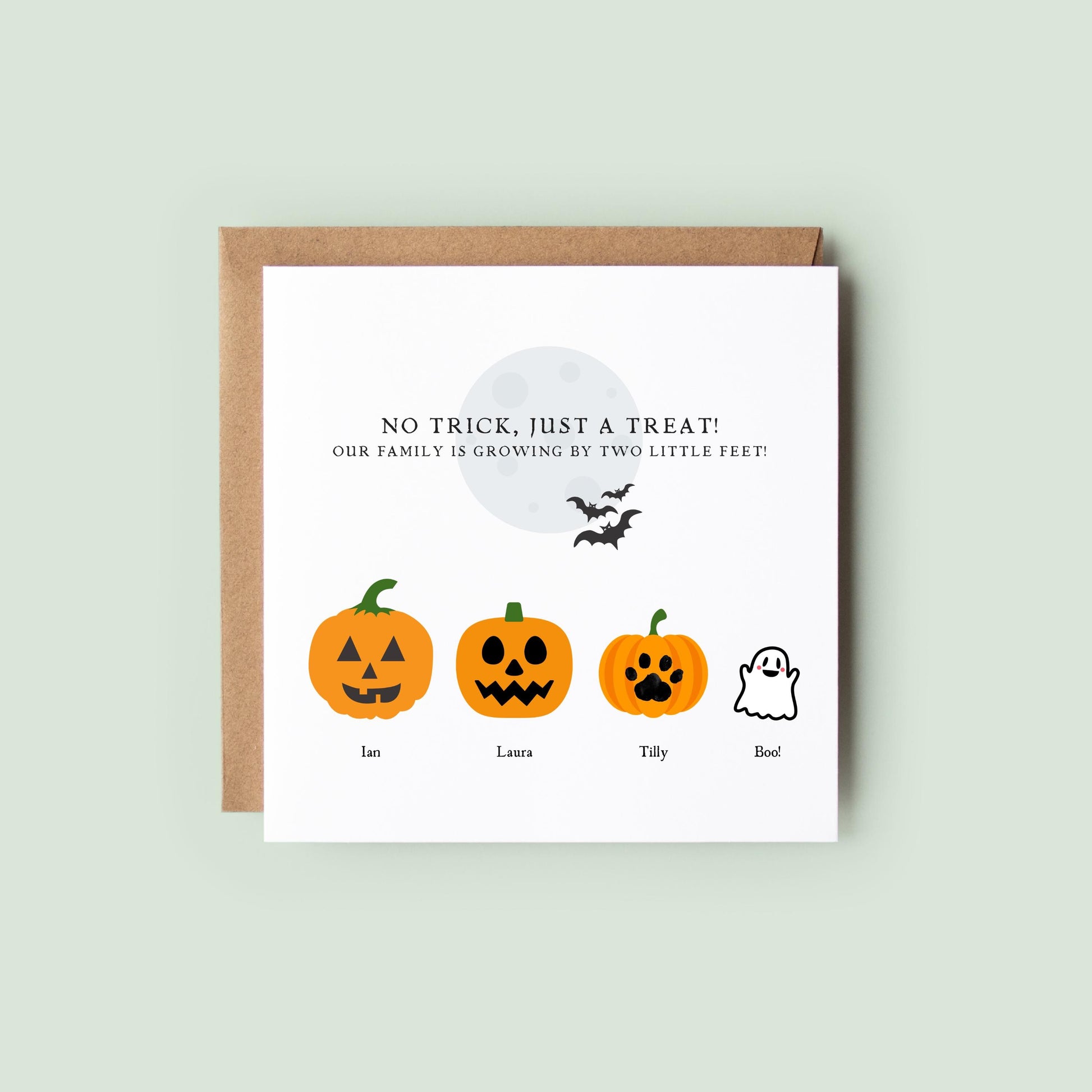Personalised Halloween pregnancy announcement card featuring a pumpkin family with names and a ghost baby, and the message “Our family is growing by two little feet.”