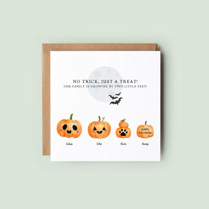 Personalised Halloween pregnancy announcement card featuring a pumpkin family with names and a ghost baby, and the message “Our family is growing by two little feet.”