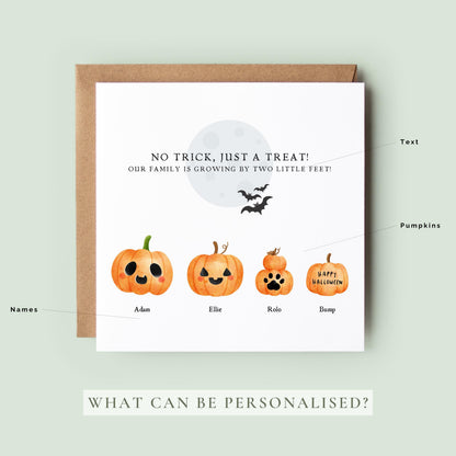 Celebrate your baby news with a personalised Halloween pumpkin family pregnancy announcement card. Custom pumpkins for parents, children and pets create a beautiful keepsake.