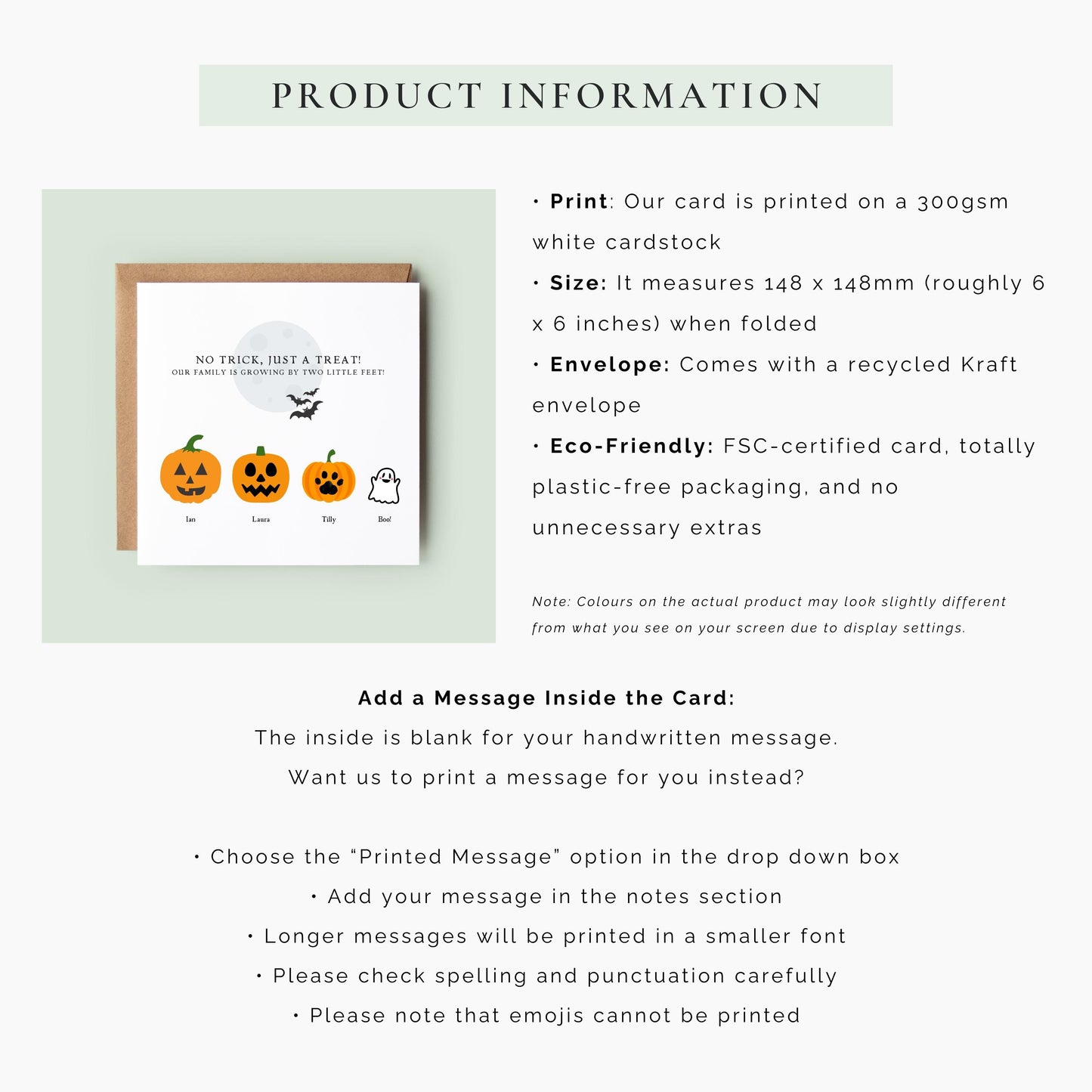 Share your exciting baby news with a personalised Halloween pregnancy announcement card featuring custom pumpkins, family names and an optional pet ghost. Perfect for autumn baby reveals.