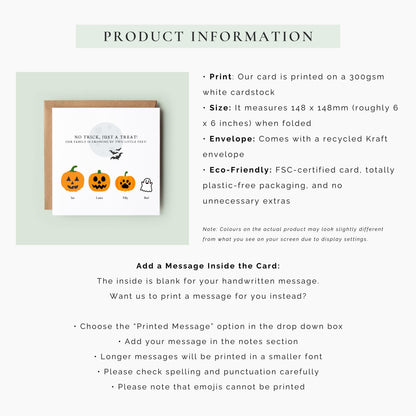 Share your exciting baby news with a personalised Halloween pregnancy announcement card featuring custom pumpkins, family names and an optional pet ghost. Perfect for autumn baby reveals.