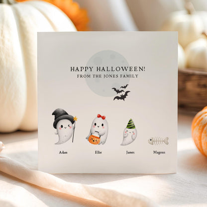 Create a personalised Halloween family card with cute ghost characters, names and pets. A fun Halloween greeting and autumn keepsake for the whole family.