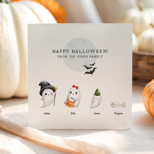 Create a personalised Halloween family card with cute ghost characters, names and pets. A fun Halloween greeting and autumn keepsake for the whole family.