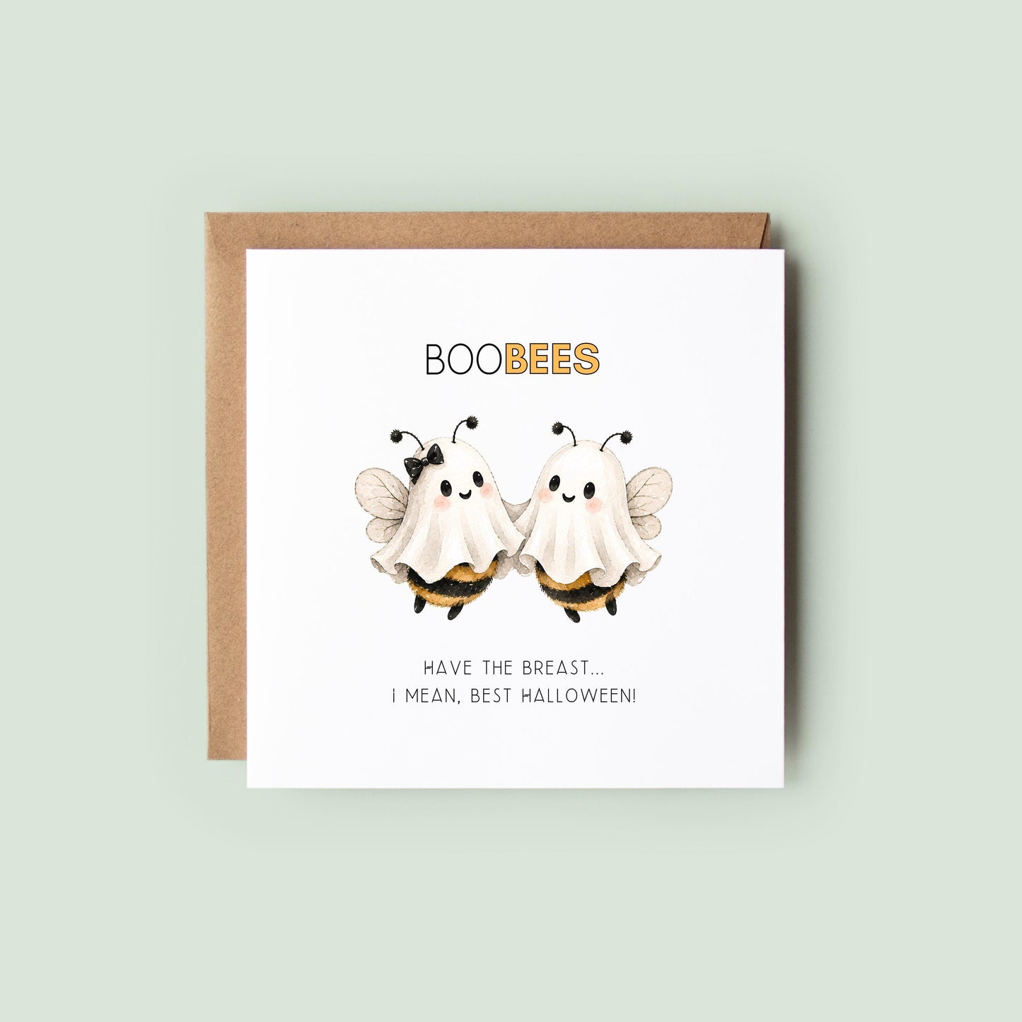 Send smiles this Halloween with our funny Boobees card featuring adorable ghost bees and a playful pun. Printed on premium recycled cardstock.