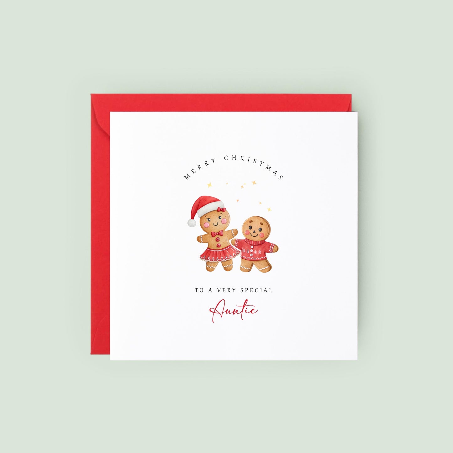 Cute Auntie Christmas card featuring festive gingerbread characters. A thoughtful Christmas greeting printed on premium recycled cardstock.