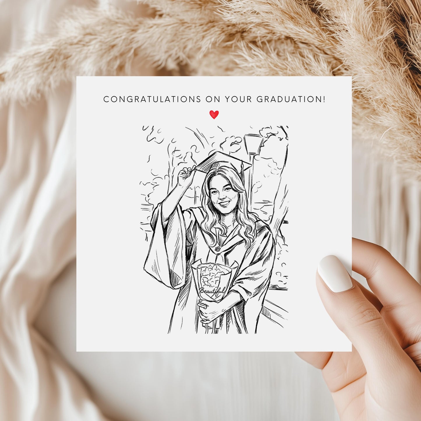 Personalised graduation card featuring a custom sketch portrait created from a graduation photo.