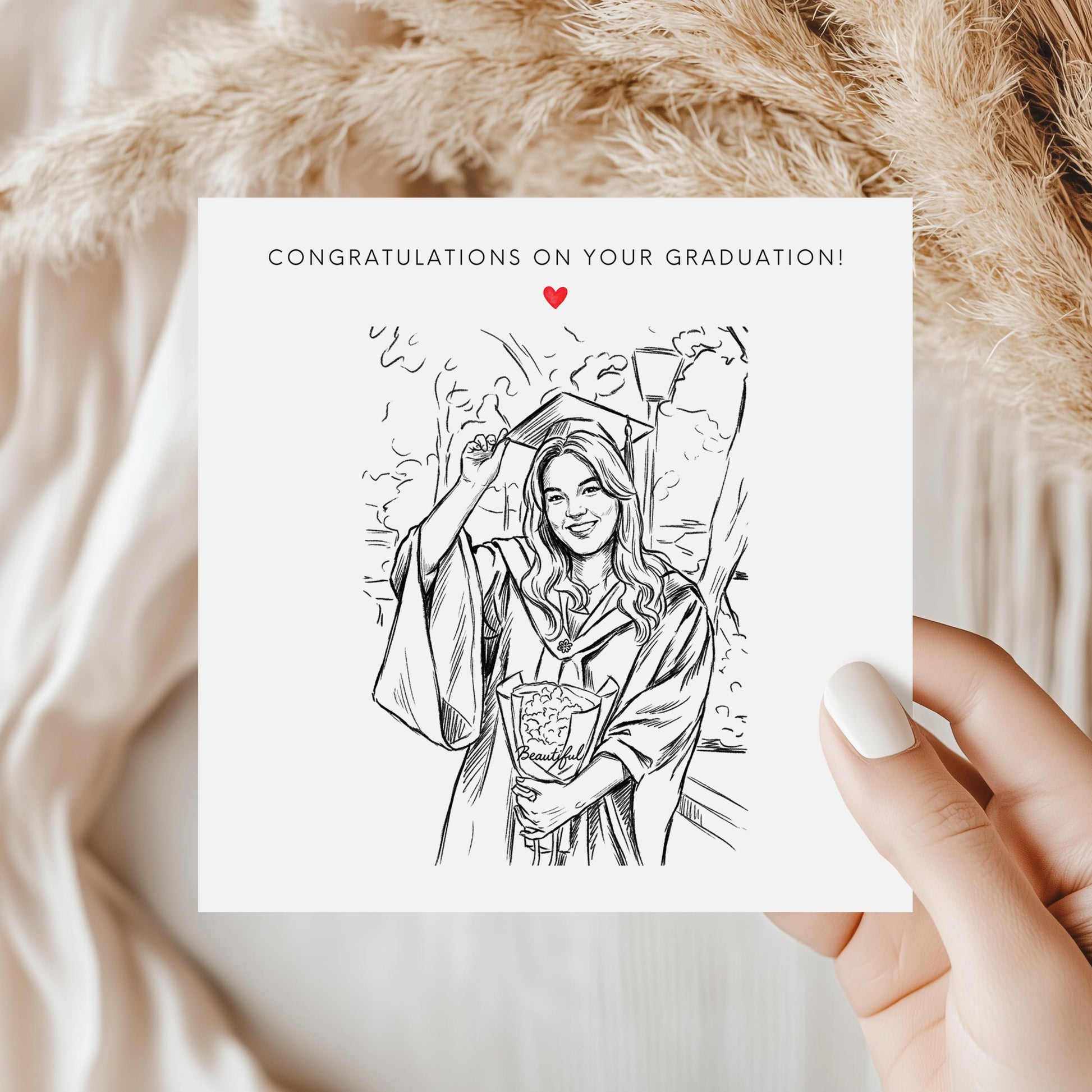 Personalised graduation card featuring a custom sketch portrait created from a graduation photo.