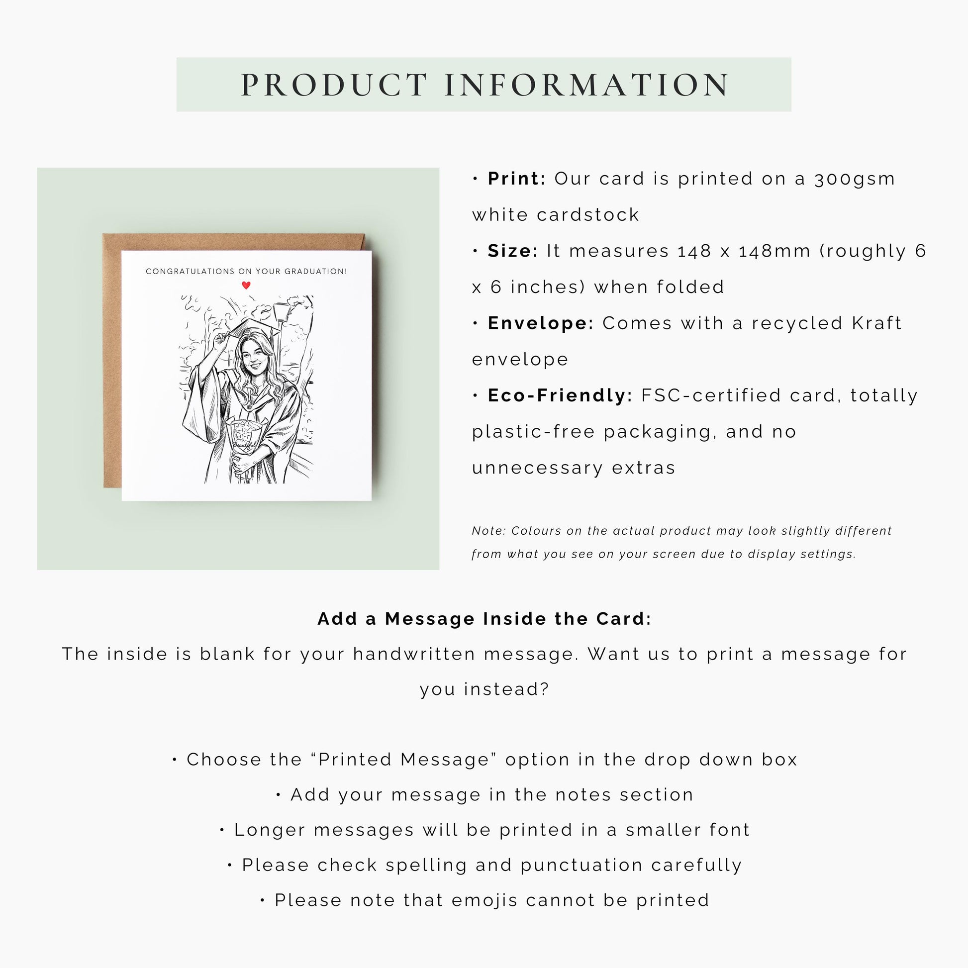Personalised graduation card featuring a custom sketch portrait created from a graduation photo.