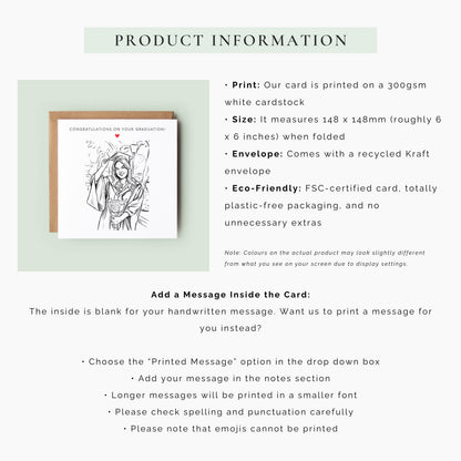 Personalised graduation card featuring a custom sketch portrait created from a graduation photo.