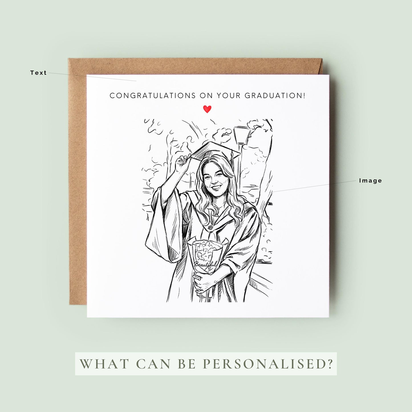 Personalised graduation card featuring a custom sketch portrait created from a graduation photo.