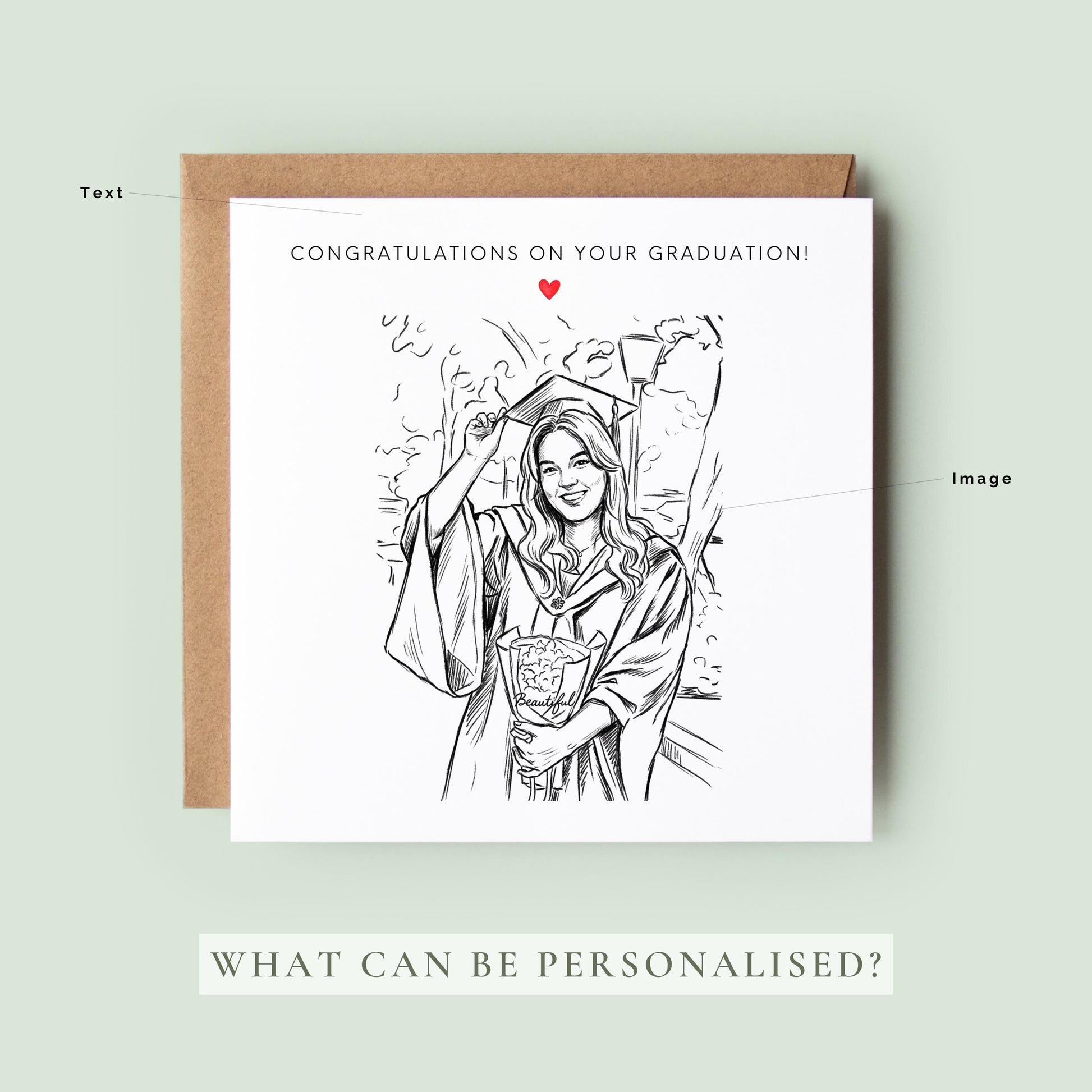 Personalised graduation card featuring a custom sketch portrait created from a graduation photo.