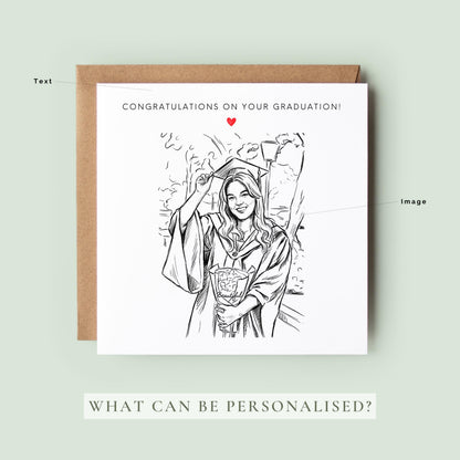 Personalised graduation card featuring a custom sketch portrait created from a graduation photo.